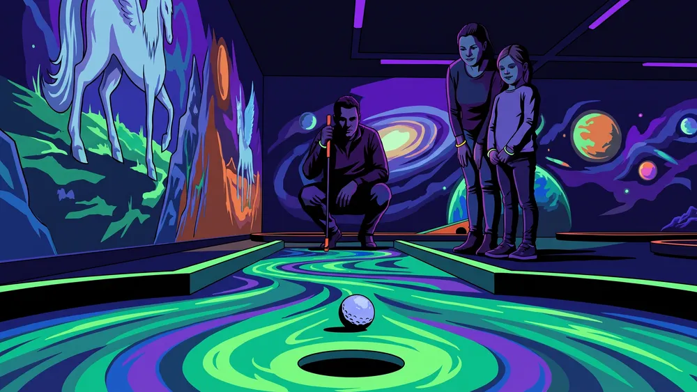 Schwarzlichtviertel in Hamburg – Drei Personen an einer leuchtenden 3D-Minigolfbahn mit Neon-Fantasymotiven