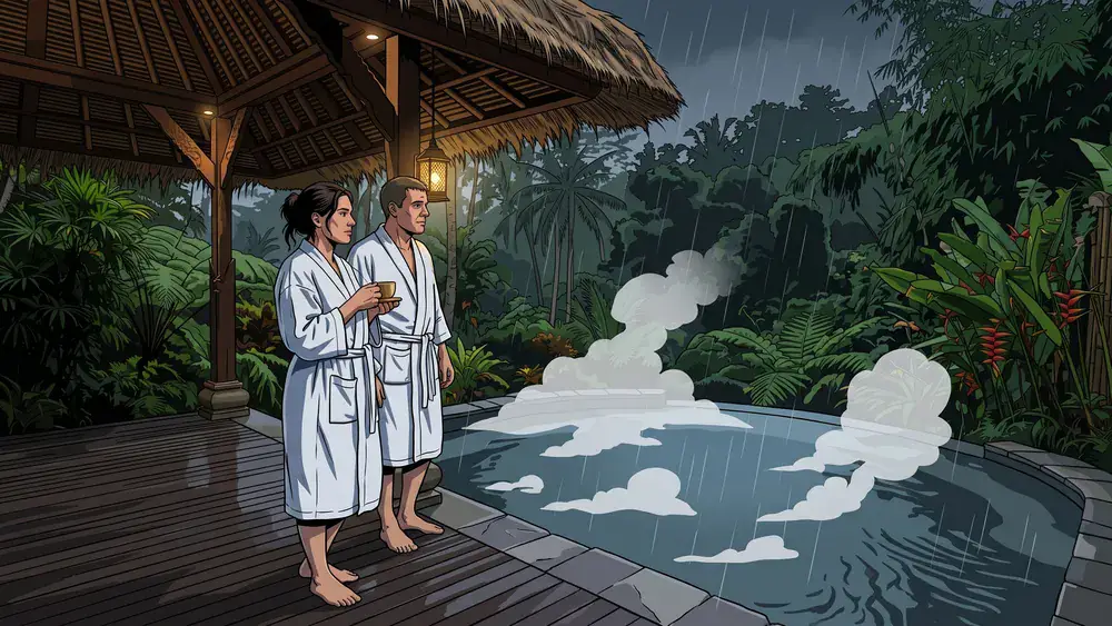 Vabali Spa bei Hamburg – Zwei Personen im Bademantel schauen vom Pavillon auf das dampfende Außenbecken im Regen
