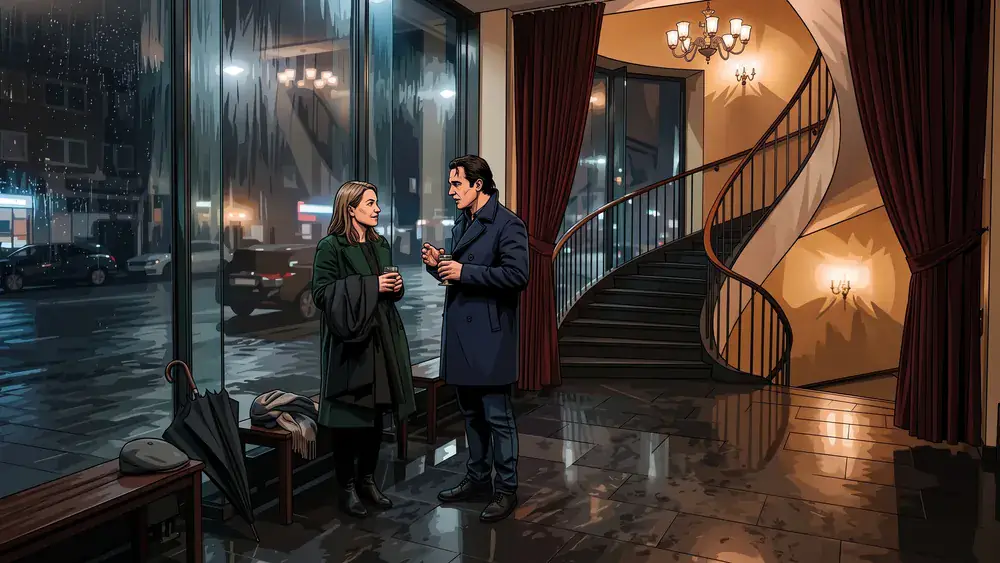ASTOR Grand Cinema in Hannover – Zwei Personen im Kinofoyer, an der Glasfront läuft der Regen herunter