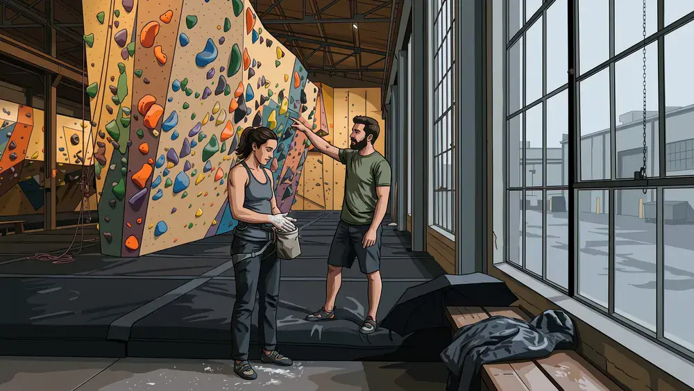 BETA Boulderhalle in Hannover – Zwei Personen vor einer bunten Boulderwand im umgebauten Güterbahnhof