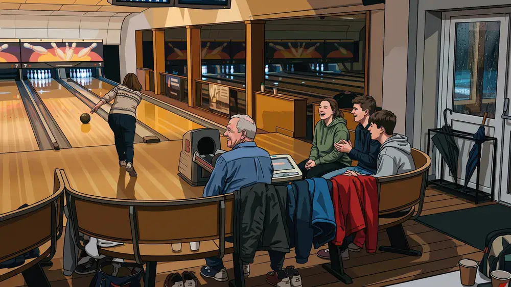 Bowling in Hannover – Fünf Freunde an einer Bahn bei TOMS Bowling, nasse Jacken hängen über der Bank