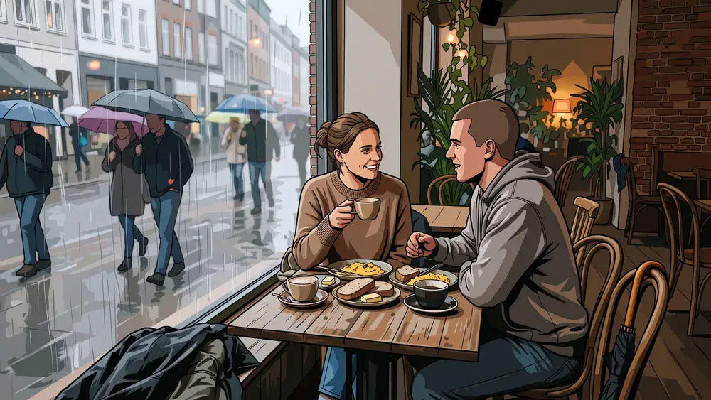 Café Mezzo in Hannover – Zwei Personen frühstücken bei natürlichem Licht am Fensterplatz