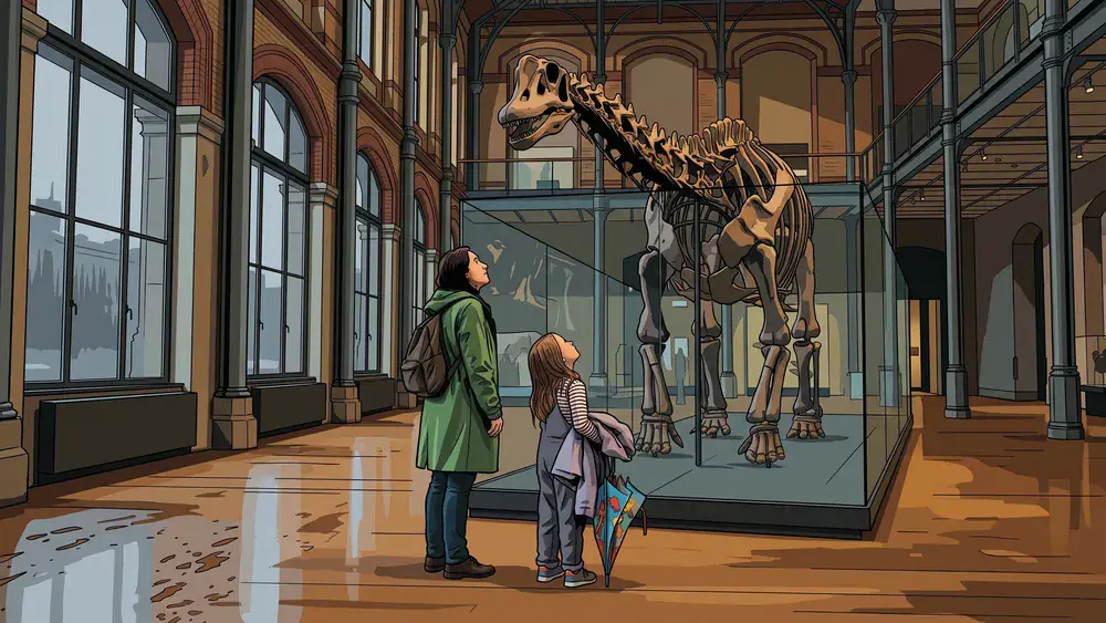 Landesmuseum Hannover – Elternteil und Kind vor einem Dinosaurier-Skelett, während Regen an den hohen Fenstern herunterläuft