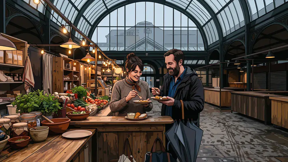 Markthalle in Hannover – Zwei Personen essen an einem Stand, auf das Glasdach über ihnen läuft der Regen