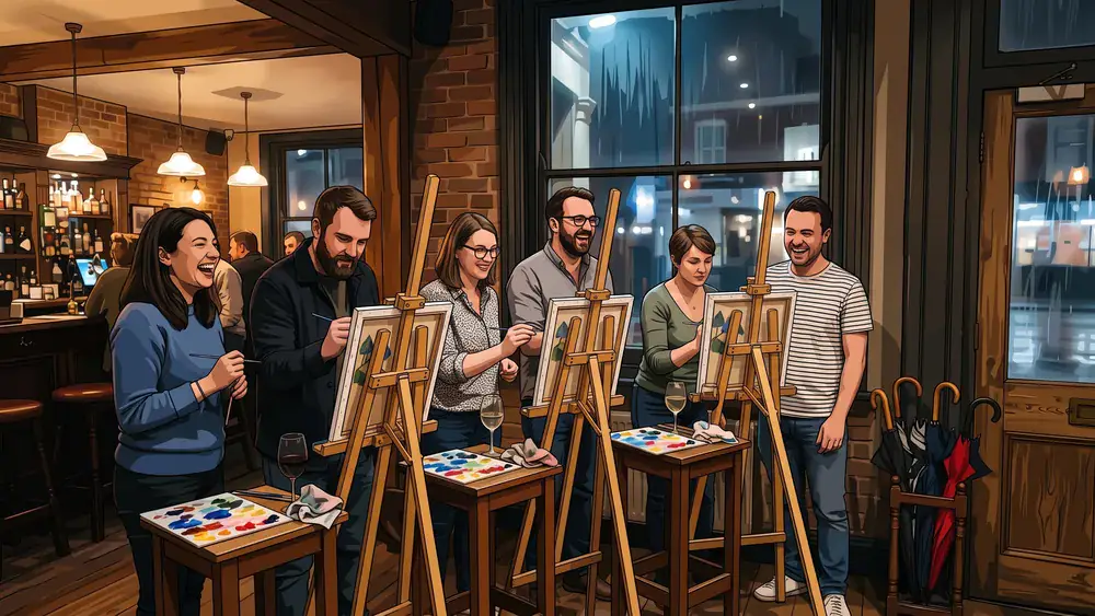 Painting Party in Hannover – Erwachsene malen abends an Staffeleien, draußen läuft Regen am Fenster herunter