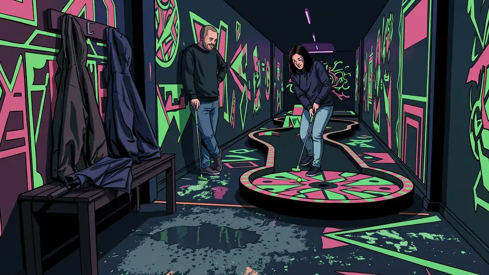 Schwarzlicht Minigolf in Hannover – Zwei Personen spielen Neon-Minigolf, im Vordergrund liegen nasse Regenjacken auf einer Bank