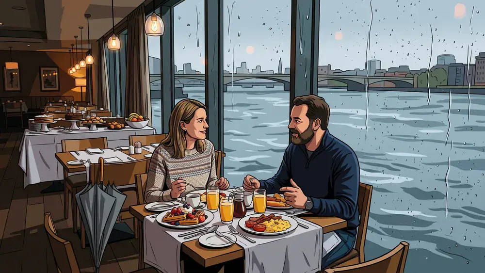6 Sinne Riverside in Hannover – Zwei Personen beim Brunch am Fensterplatz, draußen fällt Regen auf die Leine