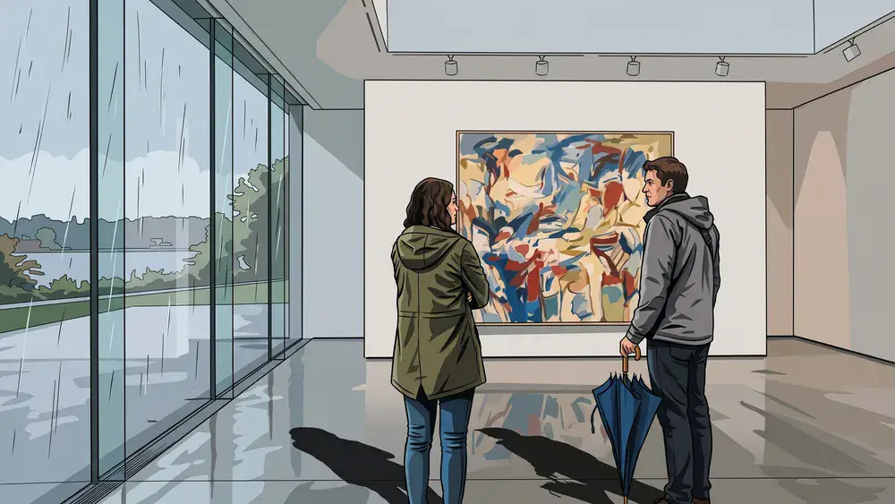 Sprengel Museum in Hannover – Zwei Personen betrachten moderne Kunst in einer hellen Galerie