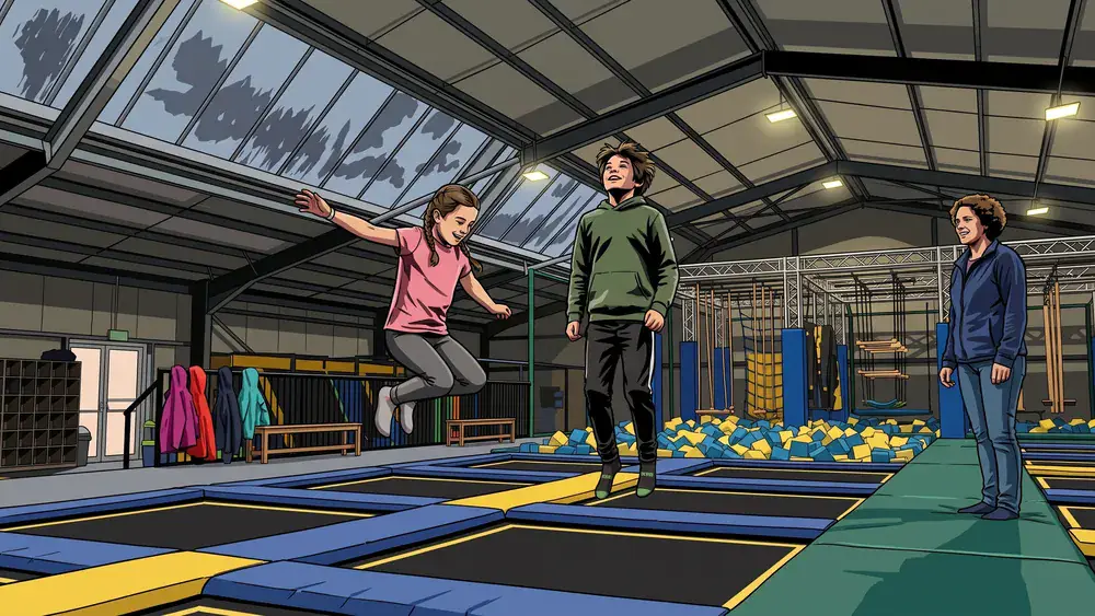 Trampolinpark in Hannover – Zwei Kinder springen auf den Trampolinen, Regen läuft über die Oberlichter der Halle