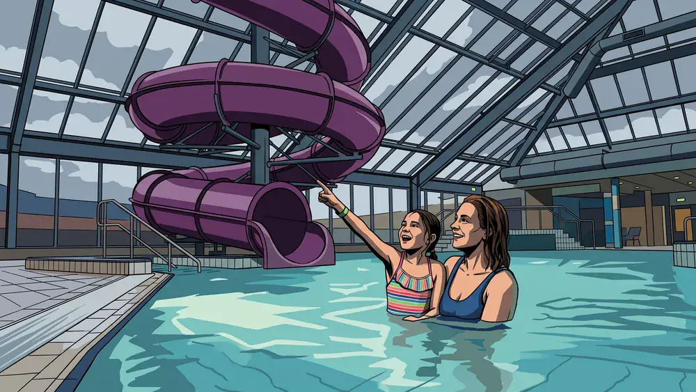 Wasserwelt Langenhagen bei Hannover – Erwachsener und Kind im Erlebnisbecken, auf das Glasdach prasselt der Regen