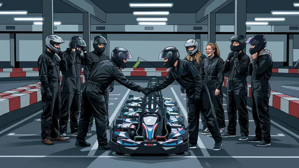 Kartbahn in Hannover - Kolleginnen und Kollegen in Rennanzügen an der Startaufstellung