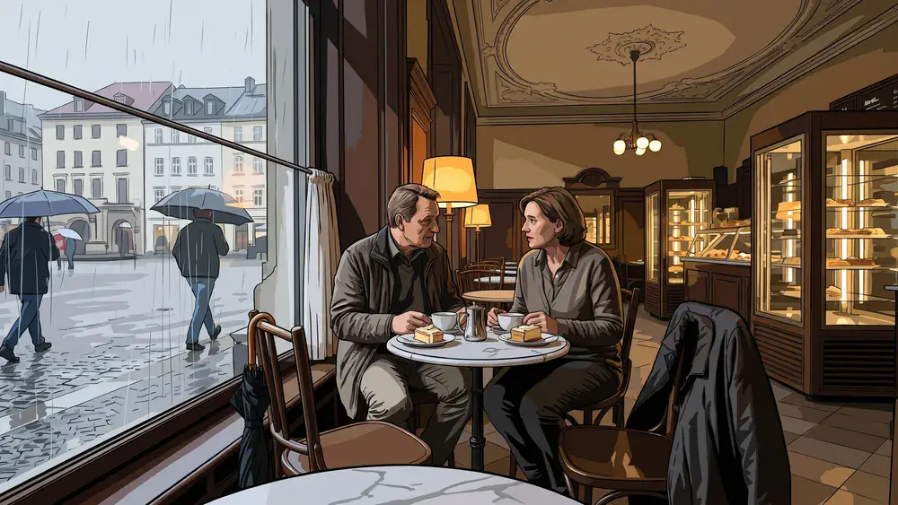 Café Nenninger in Kassel – Zwei Personen bei Kaffee und Kuchen am Fenster, draußen läuft Regen an der Scheibe herunter