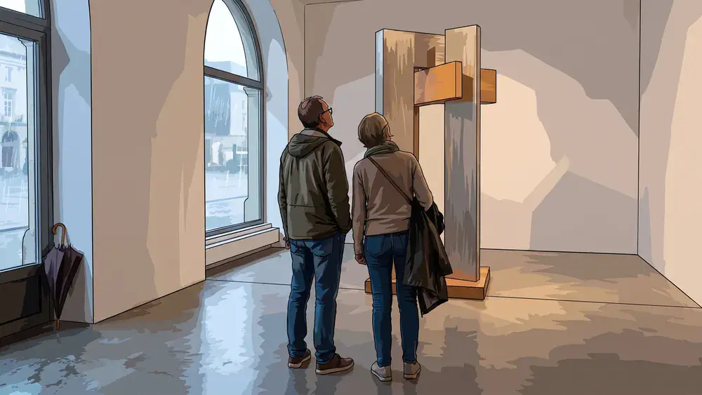 Fridericianum in Kassel – Zwei Besucher vor einer Skulptur, am hohen Fenster läuft Regen an der Scheibe herunter