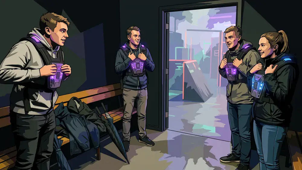 Lasertag bei funXperience in Kassel – Vier Personen ziehen am Arena-Eingang die Westen an, nasse Regenjacken auf der Bank