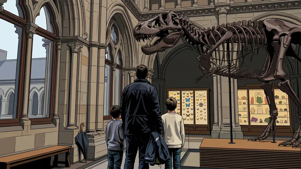 Naturkundemuseum im Ottoneum Kassel – Familie vor einem Dinoskelett, während Regen am Museumsfenster herunterläuft