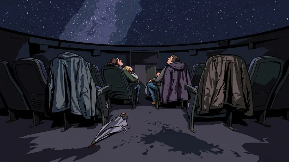 Planetarium in Kassel – Drei Personen in Liegesesseln unter dem projizierten Sternenhimmel, nasse Jacken über den Lehnen