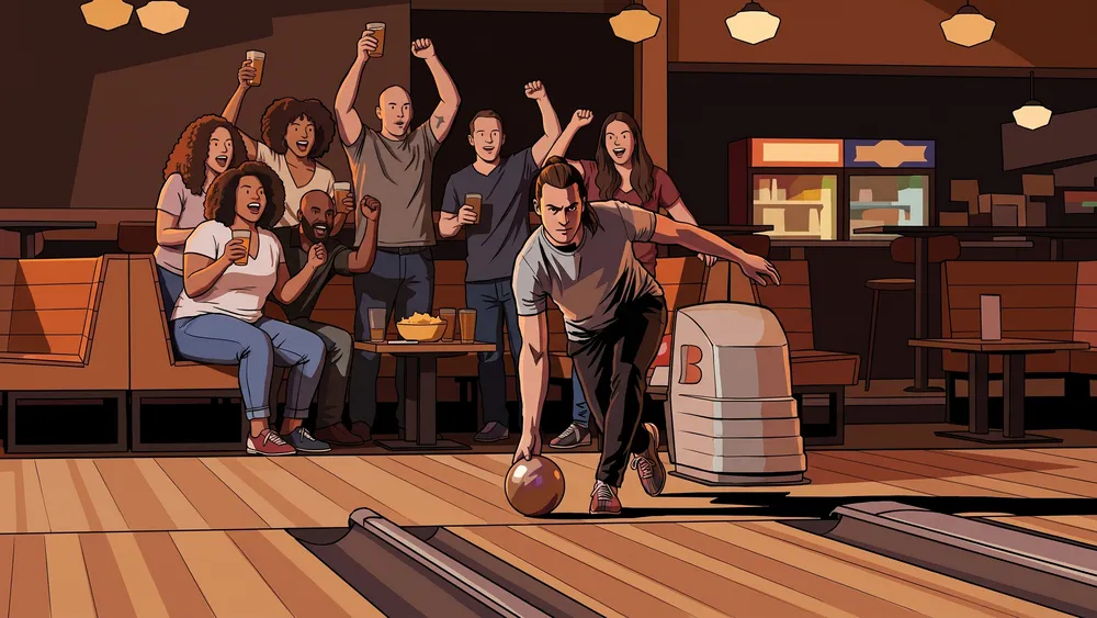Bowling in Kassel - Gruppe jubelt an der Bahn beim Wurf