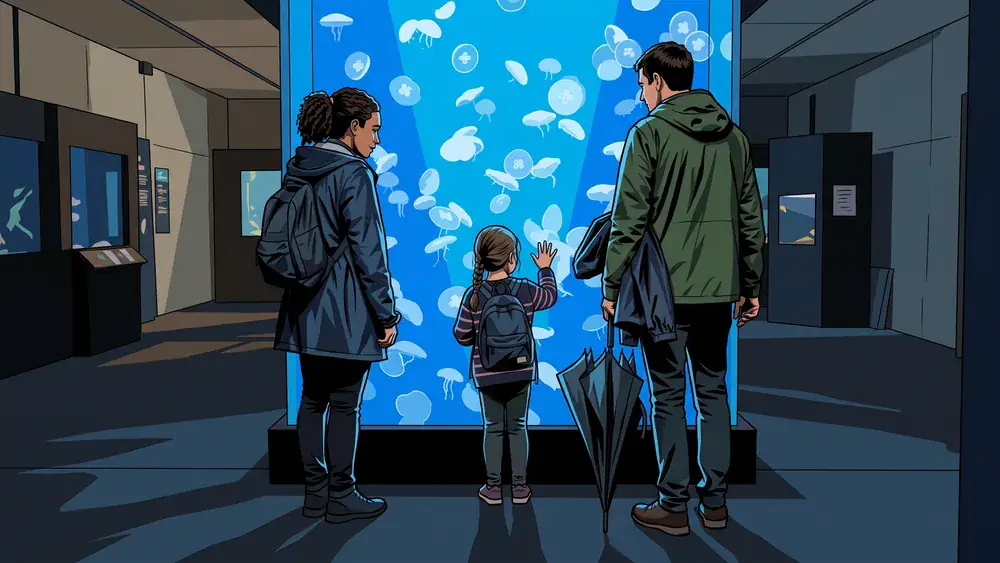 Aquarium GEOMAR in Kiel – Familie mit nassem Schirm vor einem blau beleuchteten Quallenbecken