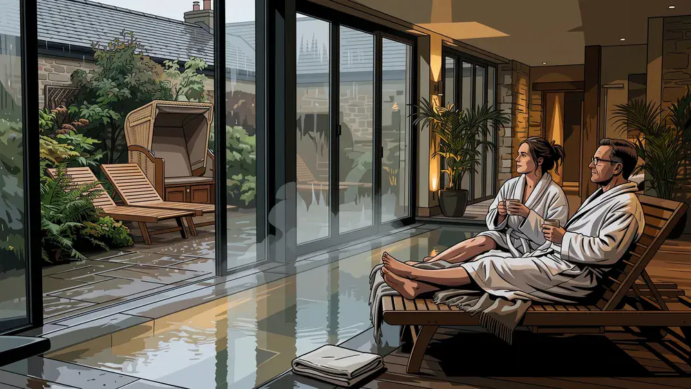 Birke Spa in Kiel – Zwei Personen in Bademänteln am Pool, draußen regnet es in den Wellnessgarten