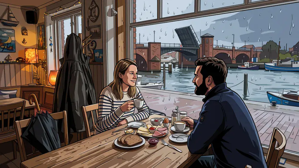 Blauer Engel in Kiel – Zwei Personen frühstücken am Fenster, draußen läuft Regen an der Scheibe herunter