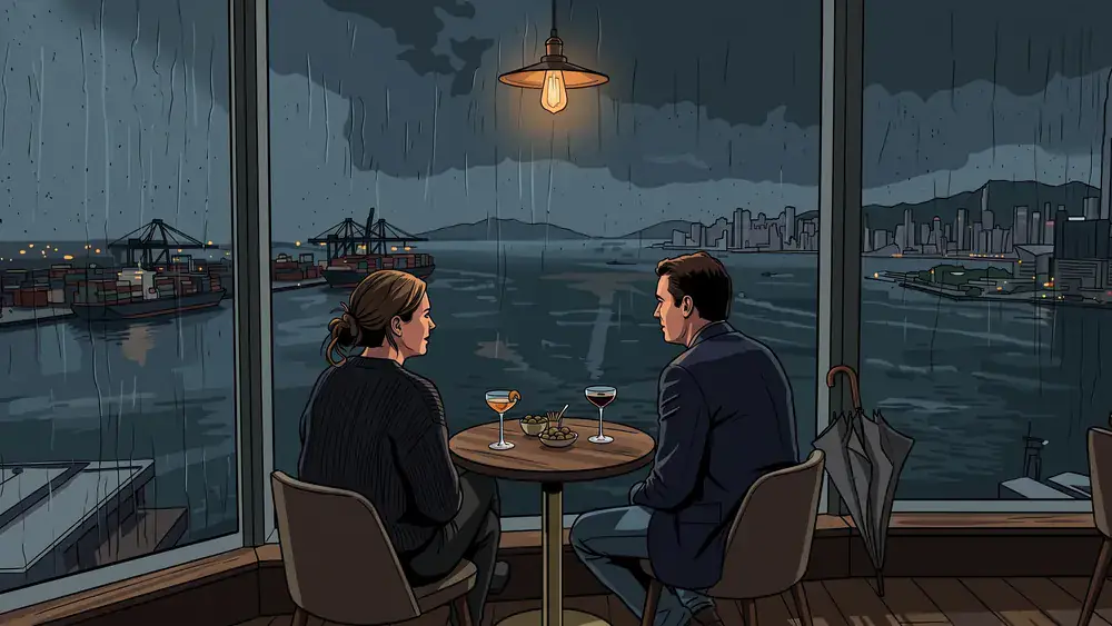 Deck 8 in Kiel – Zwei Personen mit Cocktails an der Panoramascheibe, draußen läuft Regen über den Blick auf die Förde