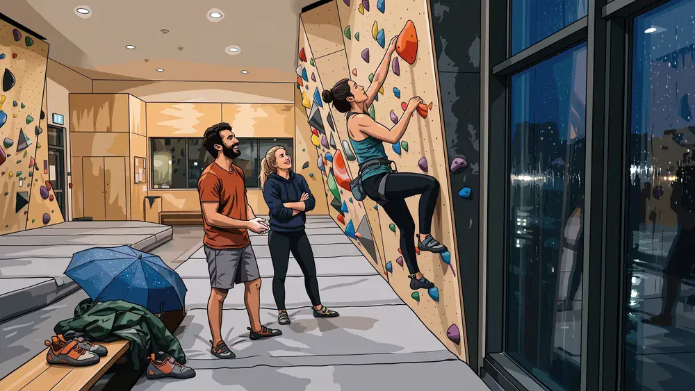 KletterBar Kiel – Zwei Personen beim Bouldern an einer bunten Kletterwand