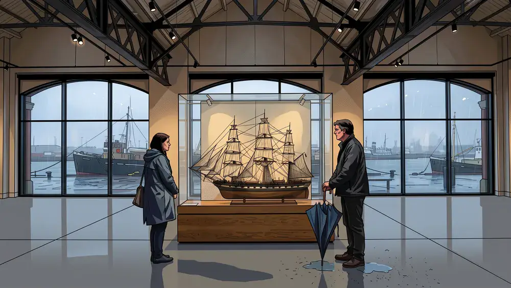 Schifffahrtsmuseum in Kiel – Zwei Personen betrachten ein Schiffsmodell, während Regen an den Hallenfenstern über dem Hafenwasser herunterläuft