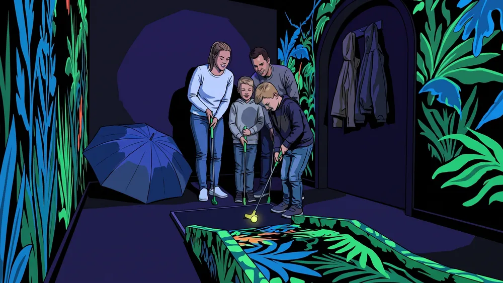 4D Schwarzlicht Minigolf in Kiel – Familie spielt im Neonlicht, nasse Jacken hängen neben dem Eingang