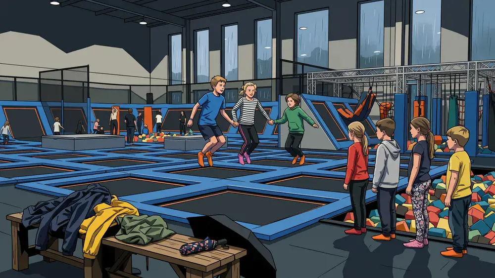 SPRUNG.RAUM Kiel – Kinder springen in der vollen Trampolinhalle, während Regen an den Hallenfenstern herunterläuft