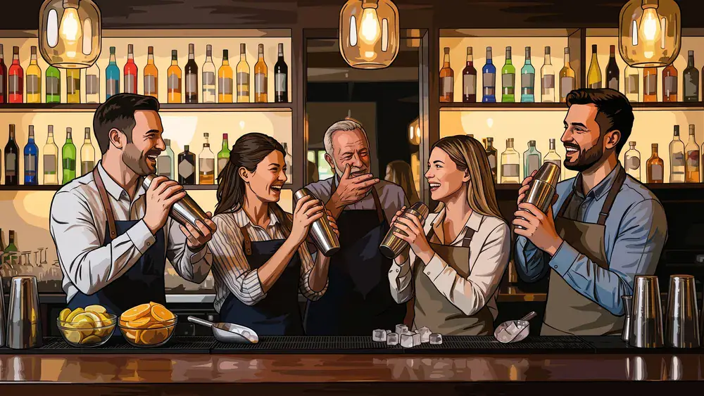 Cocktailkurs in Köln – Gruppe mixt Cocktails an einer Bar unter Anleitung