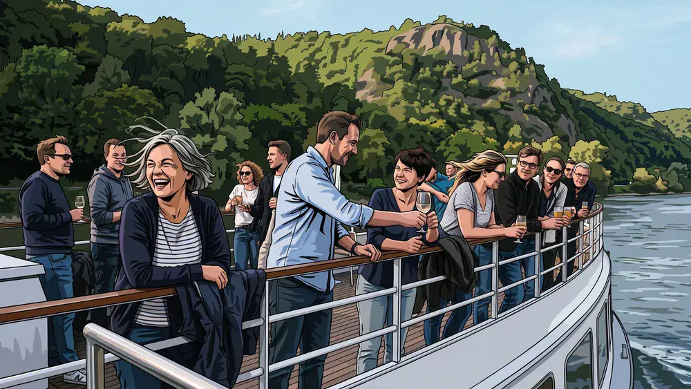 Bonner Personen Schiffahrt – Kollegen an der Reling auf dem Rhein vor dem Siebengebirge