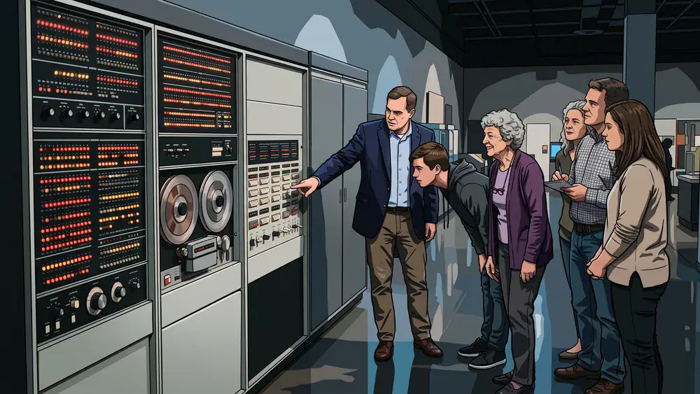 Heinz Nixdorf MuseumsForum in Paderborn – Gruppe vor einem historischen Großrechner