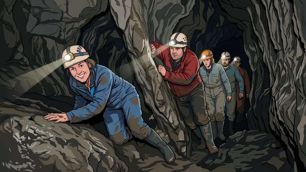 Kluterthöhle in Ennepetal – Kollegen kriechen mit Stirnlampen durch einen engen Höhlengang
