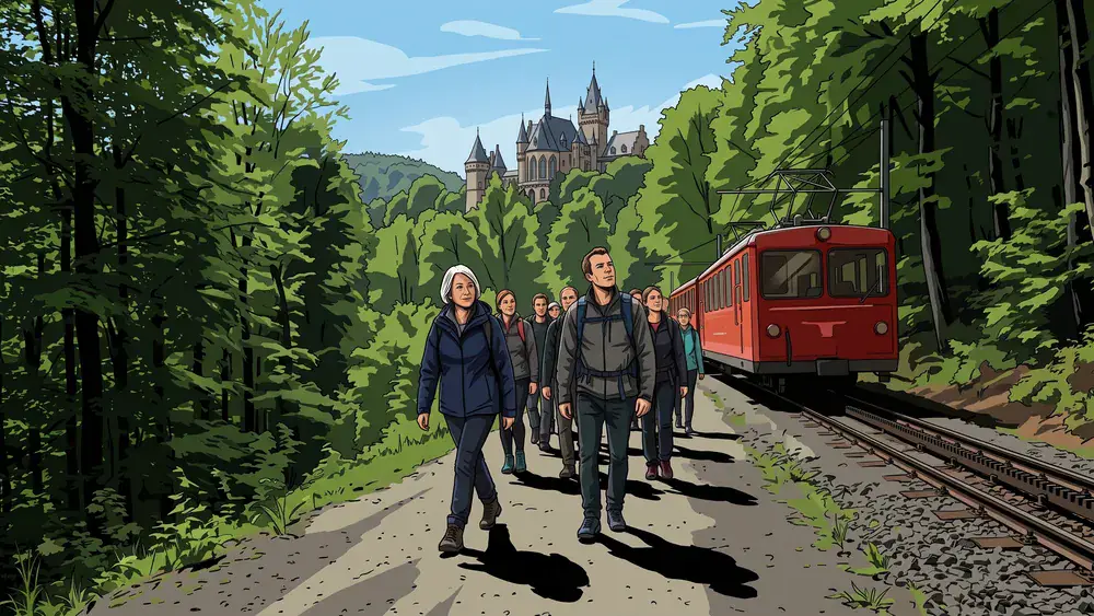 Schloss Drachenburg in Königswinter – Kollegen steigen neben der Zahnradbahn zum Schloss hinauf