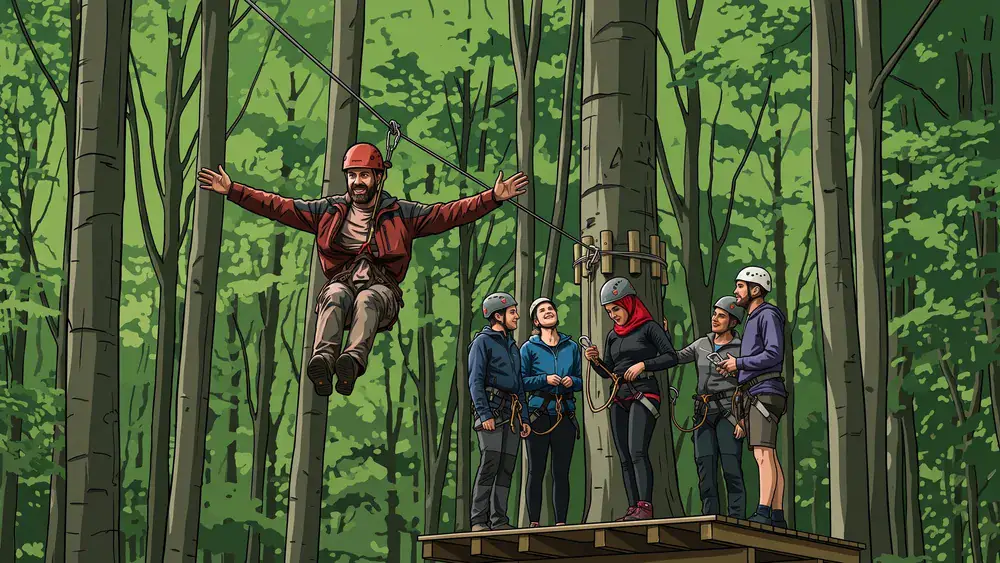 Waldkletterpark Velbert-Langenberg – Kollege auf der Seilrutsche, das Team wartet auf der Plattform
