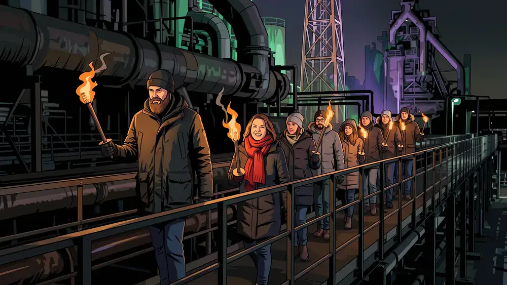 Landschaftspark Duisburg-Nord – Kollegen mit Fackeln zwischen den Hochöfen bei Nacht