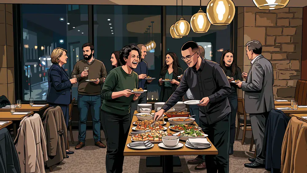 Starlight Express in Bochum – Kollegen stehen vor der Show am Buffet im eigenen Raum