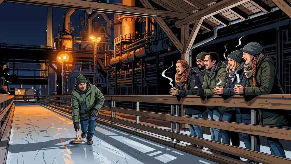 Zollverein-Eisbahn in Essen – Kollegen beim Eisstockschießen vor der Kokerei