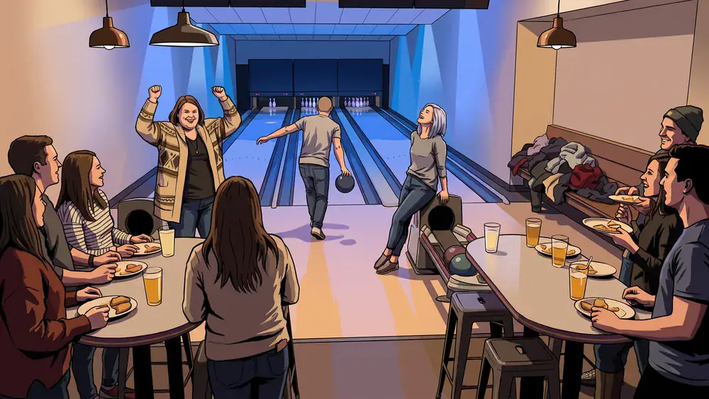 Bowling in Nürnberg: Kollegen werfen auf drei Bahnen, dahinter essen die anderen an Stehtischen