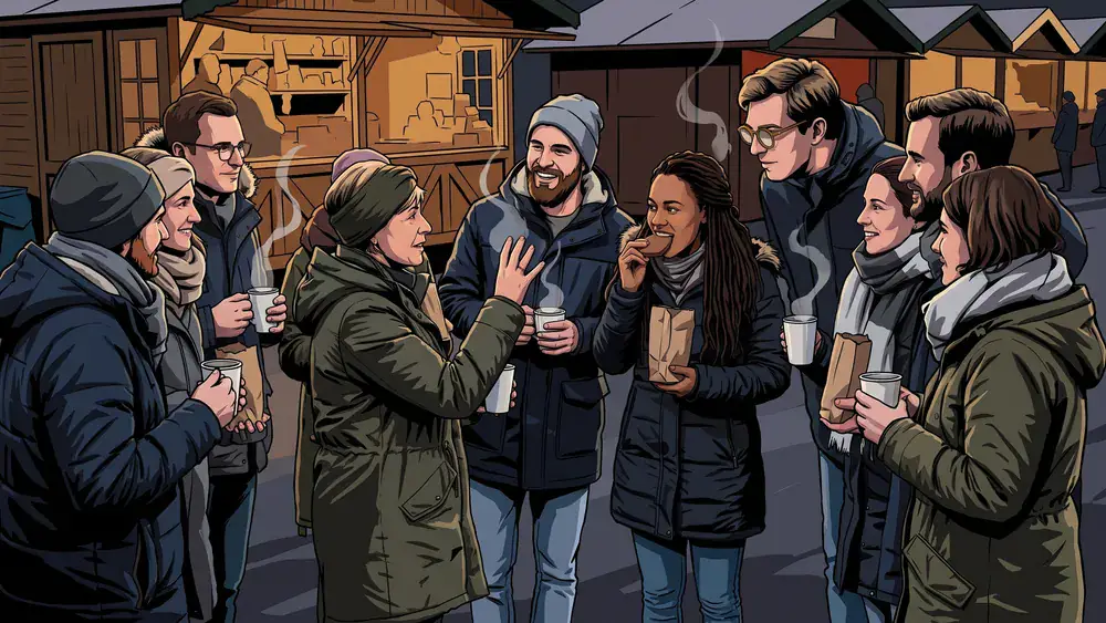 Christkindlesmarkt-Führung in Nürnberg: Kollegen in Wintermänteln hören mit Glühwein und Lebkuchen einer Stadtführerin zu