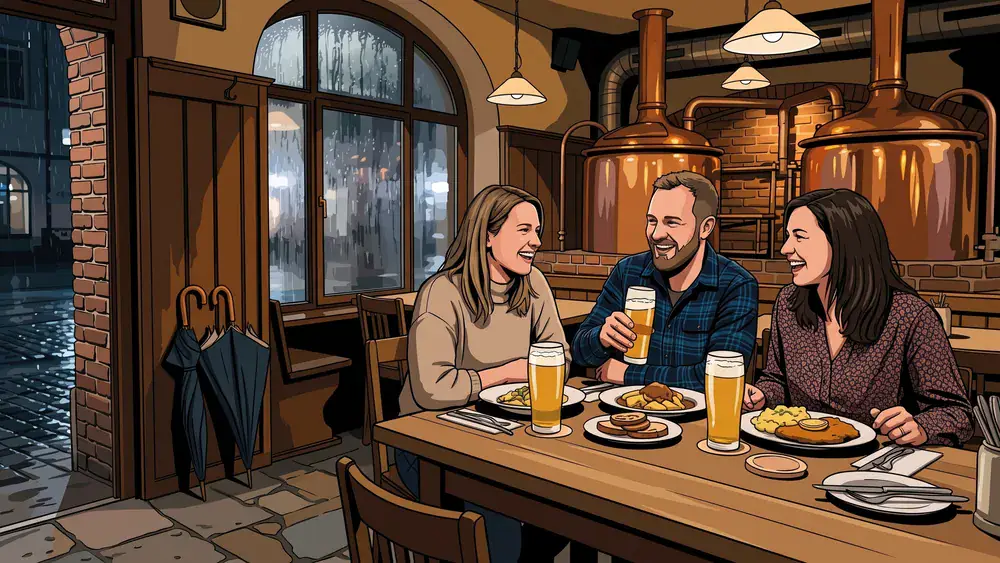 Sophie's Brauhaus in Stuttgart – Drei Personen bei Hellbier und Maultaschen, draußen läuft Regen die Fensterscheibe herunter