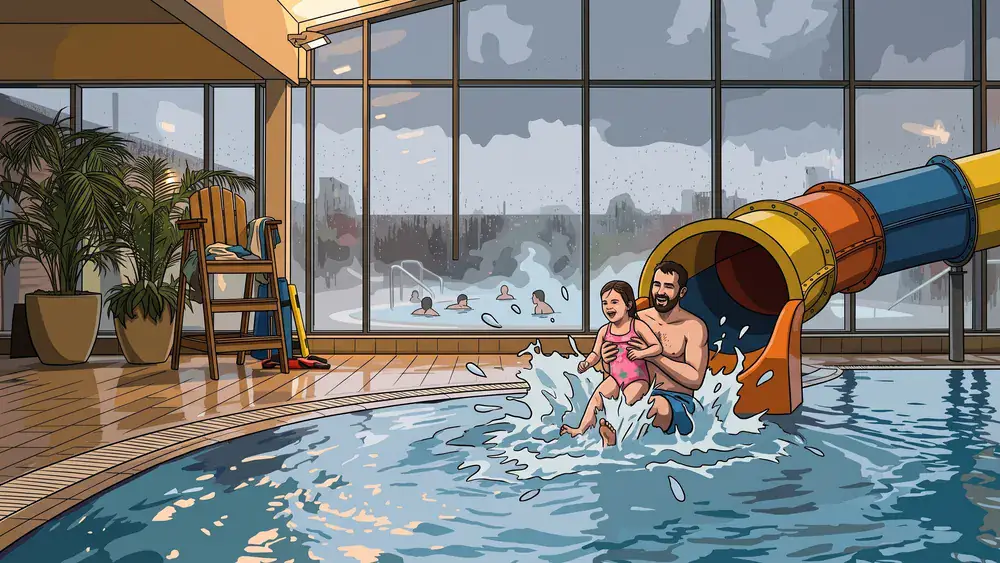 F3 Familien- und Freizeitbad in Fellbach bei Stuttgart – Kind und Elternteil rutschen ins Innenbecken, draußen regnet es auf das dampfende Sole-Becken