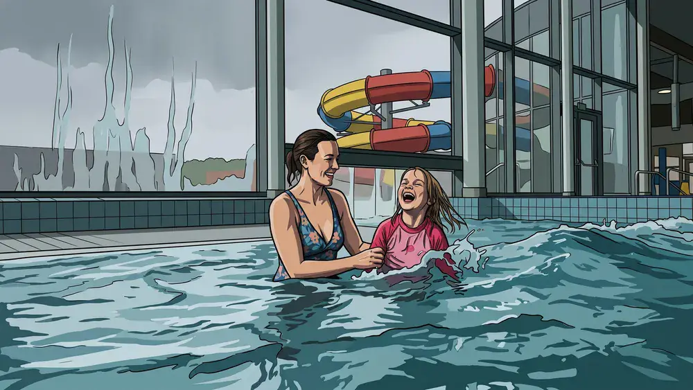 Fildorado bei Stuttgart – Kind und Elternteil im Wellenbad, während Regen an der Glasfront herunterläuft