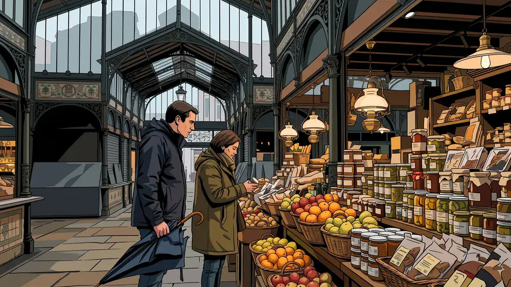 Stuttgarter Markthalle – Zwei Personen probieren an einem Marktstand, während Regen über das Jugendstil-Glasdach läuft
