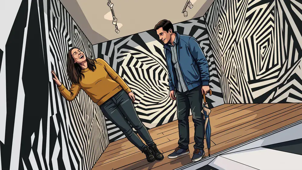 Museum der Illusionen Stuttgart – Zwei Personen staunen in einem optisch verzerrten Raum