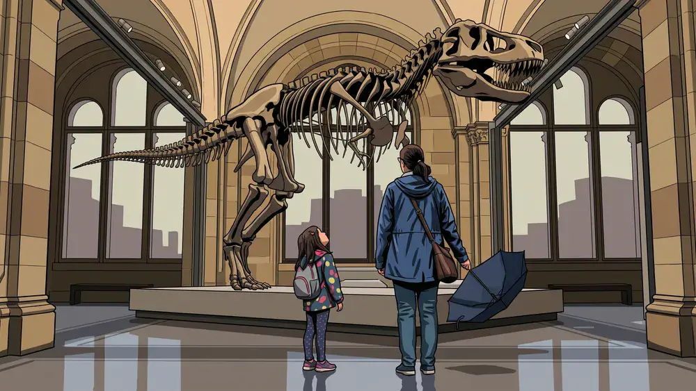 Naturkundemuseum am Löwentor in Stuttgart – Kind staunt vor einem Dinosaurier-Skelett, während draußen Regen an den Fenstern herunterläuft
