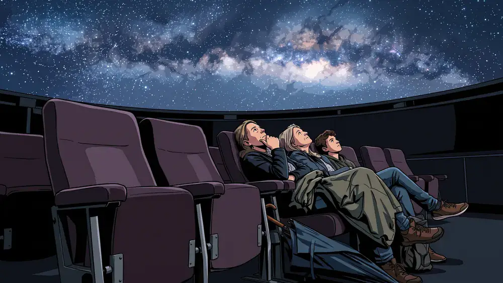 Carl-Zeiss-Planetarium Stuttgart – Drei Personen unter dem projizierten Sternenhimmel, nasse Regenjacken über den Lehnen