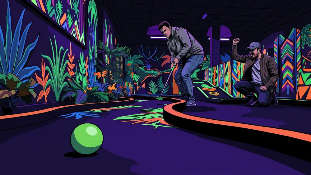 Blacklight Stuttgart – Zwei Personen spielen Schwarzlicht-Minigolf auf leuchtenden Neon-Bahnen