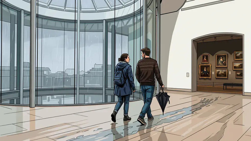 Staatsgalerie Stuttgart – Zwei Personen mit nassem Schirm auf dem Weg in die Gemäldesäle, Regen läuft die Glasfassade herunter