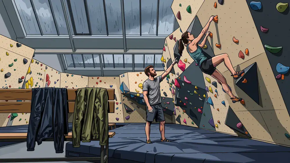 VELS Boulderhalle in Stuttgart – Zwei Personen bouldern an bunten Griffen, während Regen auf die Oberlichter fällt